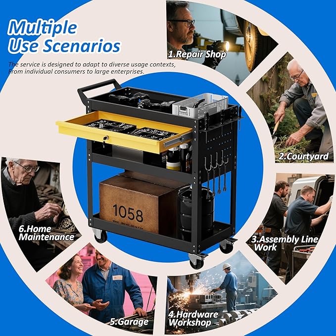 3 Tier Heavy Duty Rolling Tool Cart on Wheels with Drawer & Pegboard, 420Lbs Capacity Mobile Garage Storage Organizer Cart for Mechanics, Workshop