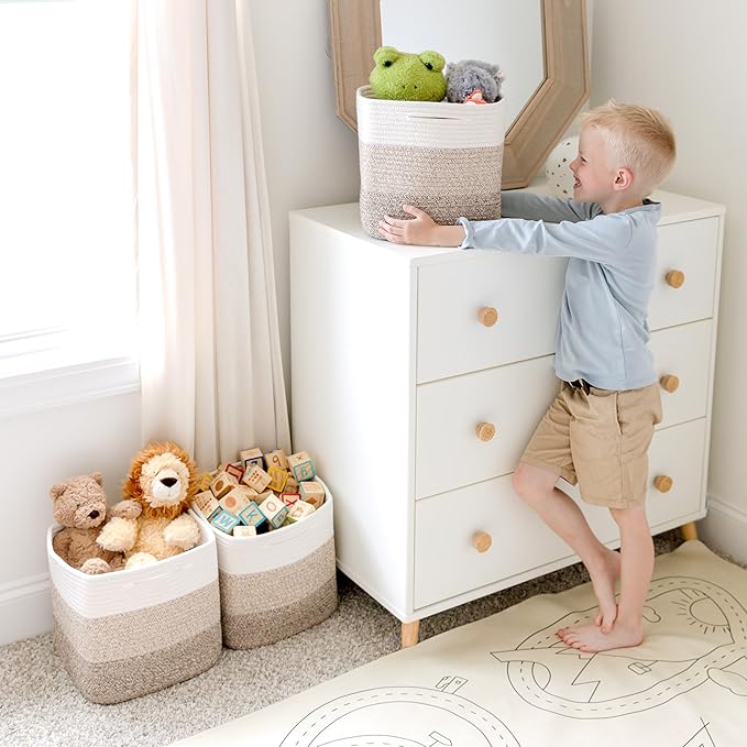 NaturalCozy 13 Inch Cube Storage Bins Cotton Rope Woven Baskets for Organizing 3-Pack | 13 x 13 Storage Cubes | Fabric Square Storage Baskets for Shelves Organizer, Kids Toy Bins, Closet Baby Nursery