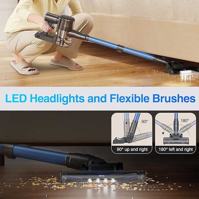 Zefiro Cordless Vacuum Cleaner for Home,450W /40Kpa 50Mins Stick Vacuum(No self-Standing), Anti-Tangle 1.5L Dust Cup, Rechargeable Wireless Handheld Vacuum for Pet Hair/Carpet/Floor,C10