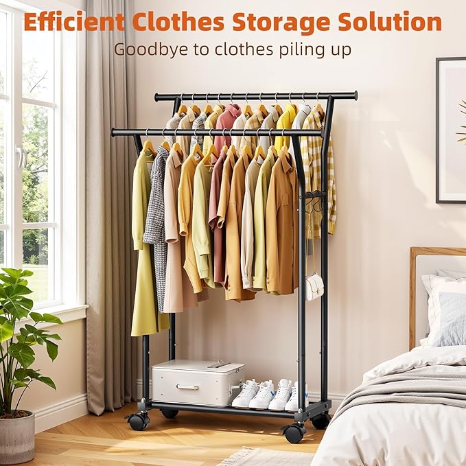 Luxspire Double Rods Clothes Rack for Hanging Clothes, Rolling Clothing Rack with Side Hooks, Bottom Shelves, 360° Wheels, Garment Racks for Bedroom, Laundry, Living Room, Black
