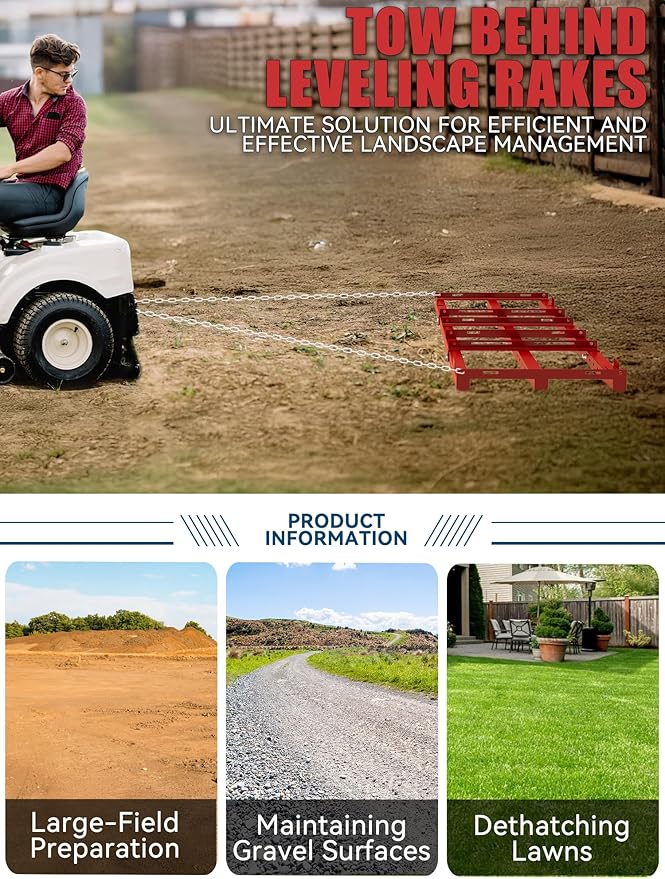 4ft Heavy Duty Drag Harrow for ATV, UTV, Tractor - Adjustable Tow Behind Leveling Rake with Weight Tray for Driveway Grader, Lawn, Field, Pasture, Food Plot Maintenance, Red(48 inch)