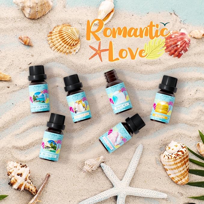 Beach Fragrance Oils Set, Essential Oil Gift Set for Diffuser, Summer Scent Diffuser Oil, Diffuser Scents Oil for Home-Ocean Spray, Pink Sands, Salty Sea, Pina Colada, Island Life, Sunshine
