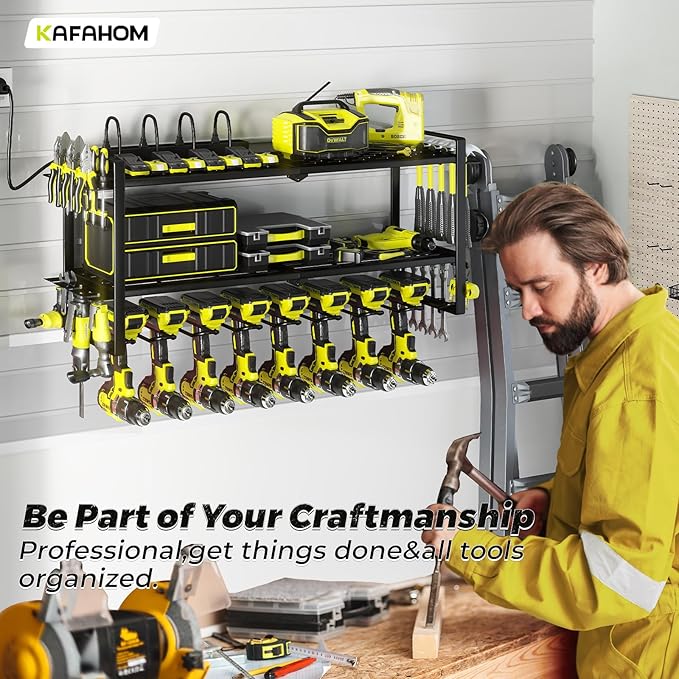 KAFAHOM Power Tool Organizer with Charging Station. 8 Drill Holder 3 Layers Tool Storage Shelf Wall Mount Built in 8 Outlet Power Strip.Tool Battery Holder with Screwdriver/Hammer