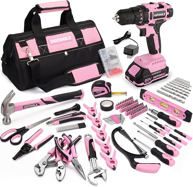 Power Drill Cordless, 273-Piece Power Drill Sets Household Tool Kit, 20V Electric Drill Sets Repairing Kit, Electric Screwdriver Driver Tool Kit with Charger and Storage Bag(Pink)
