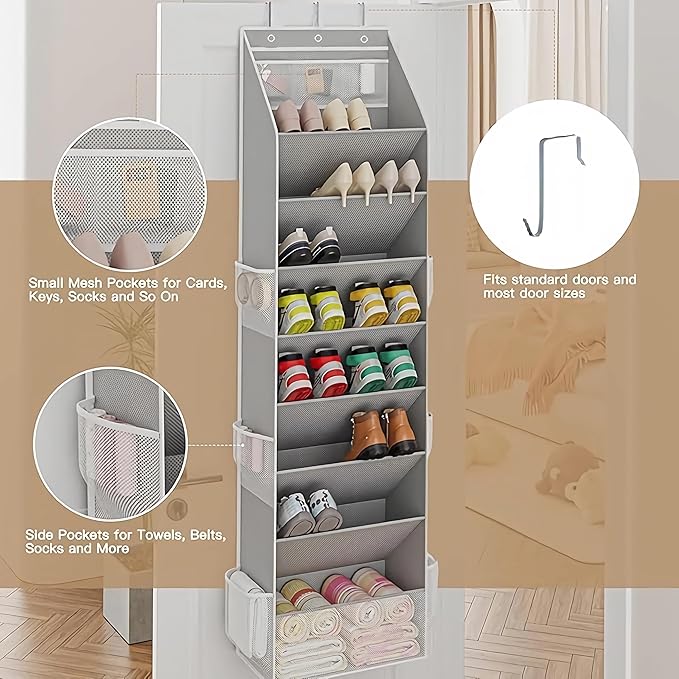 Over The Door Shoe Organizer - Shoe Rack with 8 Tiers, Sturdy Oxford Fabric Storage for Closet, Entryway, Dorm Room, Bedroom, Space Saving Holder for All Types Over The Door Organizer(Grey)
