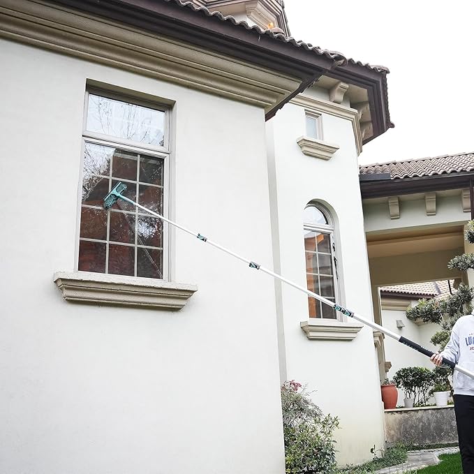 30 Feet High Reach Window Squeegee with 6-24 Ft Extension Pole, Window Cleaner Tool with 5-Stage Telescoping Pole, Window Cleaning Kit with Rotatable Head (2 Squeegee & 2 Microfibre Cloths)