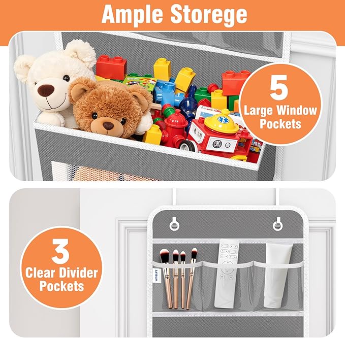 WISELIFE Over The Door Organizer - 6 Shelves Detachable Hanging Bedroom Storage Solution with 5 Large Pockets and 3 PVC Pockets for Dorm Bathroom, Pantry Nursery Baby Essentials (Grey)