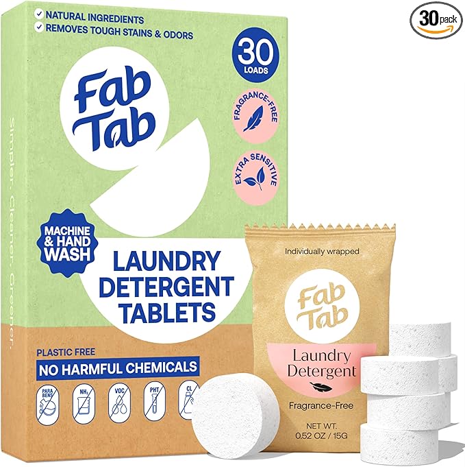 Fab Tab Laundry Detergent Tablets, Plant-Based Formula, Removes Tough Stains, Plastic-Free Alternative to Pods, All Washing Machines (30 Count, Unscented)