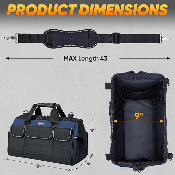 TICONN Heavy Duty Tool Bag with Multi-Pockets, Portable Tool Box Organizer Storage Bag, with Adjustable Shoulder Strap and Ergonomic Handle (Blue, 16" Standard Base)