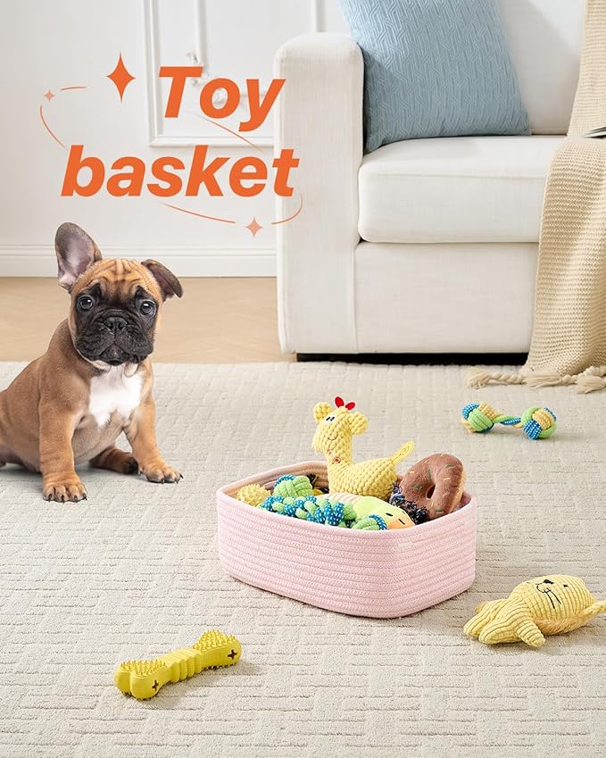 Small Woven Basket, 12 x 8 x 4.5 Inches, Storage Basket for Organizing, Cute Small Rope Shelf Closet Cube Storage Bins Baskets for Shelves, Dog Toy Gift Baskets Empty, 3 Pack Light Pink