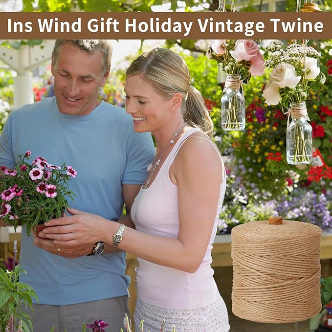 Natural 3mm Jute Twine String, 328-FT Hemp Rope Heavy Duty for Gardening, Handmde DIY Crafts Artworks, Climbing Plant Support, Picture Hanger, Gift Presents Wrapping, Packing and Bundling, Home Décor