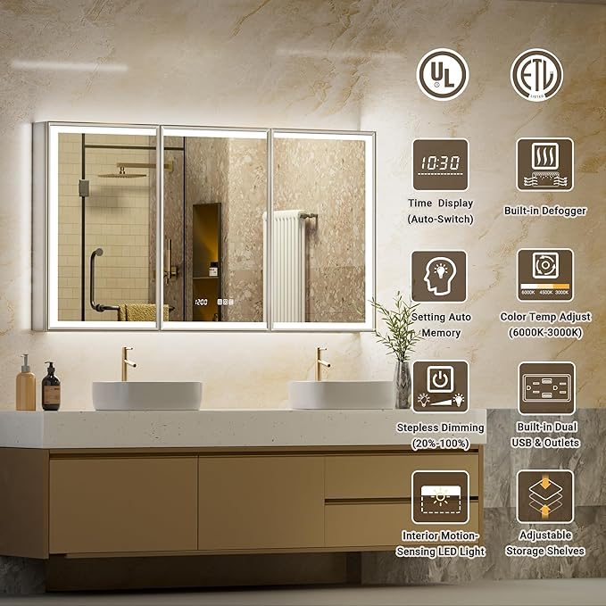 72x30 Lighted Medicine Cabinet with Mirror, Beveled Brushed Nickel Framed Surface or Recessed Fogless Dimmable LED Medicine Cabinet with Outlet, Time Display and Sensor Inner Light