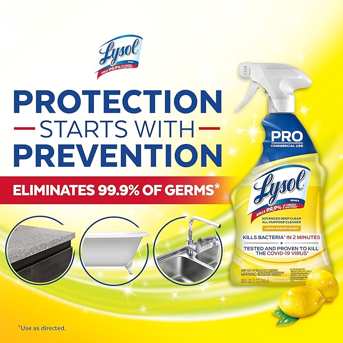 Lysol Pro All-Purpose Cleaner, Advanced Deep Cleaning Sanitizing and Disinfecting Spray, For Commercial Use, Use to Clean and Deodorize, Lemon Breeze Scent, 32oz (Pack of 12)