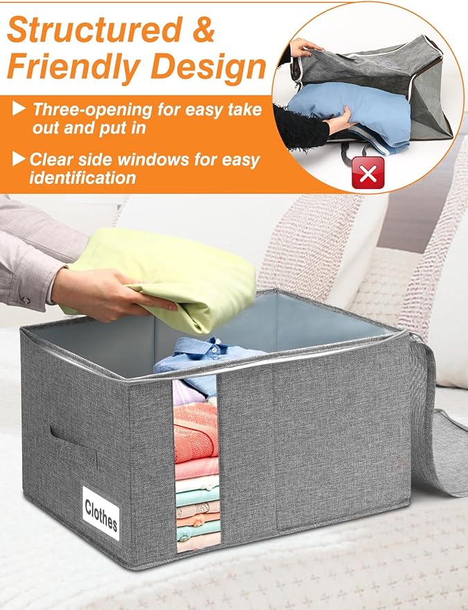 Blanket Storage, Comforter Storage Bag With Rigid Side & Bottom Support, Stackable Clothes Storage Bin For King Size Comforters Sweater Bedding Quilt Pillow Closet Organizers, 21.7x14.2x11.8in, 2Pcs