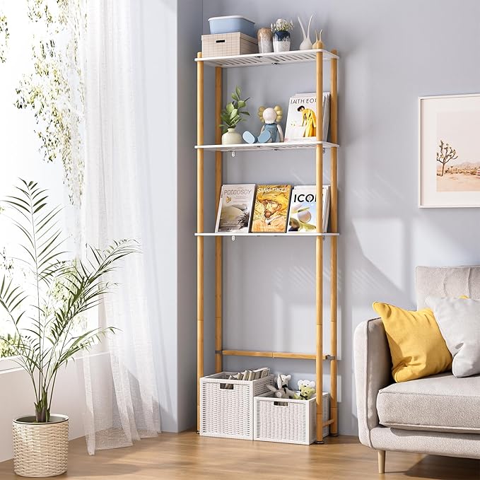 AmazerBath Bamboo Over The Toilet Storage Shelf, Bathroom Storage Organizer Rack, 3-Tier Bathroom Shelves Space Saver, White and Natural Color