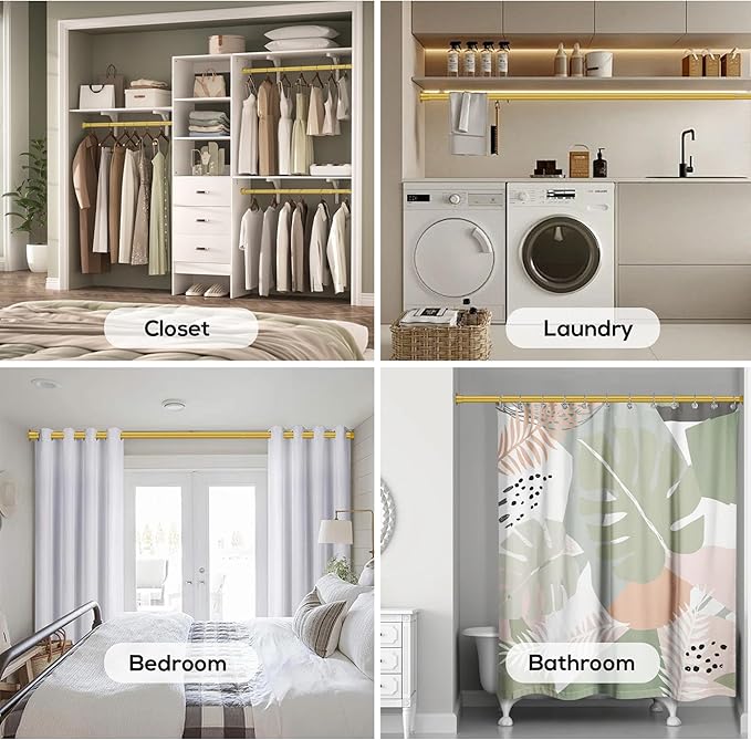 1.3 Inch Diameter Closet Rods for Hanging Clothes 17-64 Inch Adjustable, Metal Heavy Duty Closet Pole, Gold Closet Bar for Hanging Clothes, Suitable for Closet, Wardrobes, Bathroom, Windows