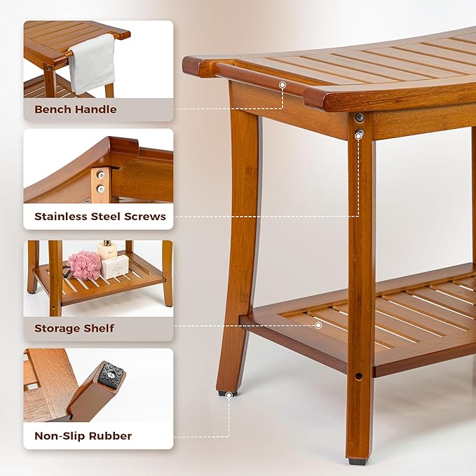 Utoplike Bamboo Shower Bench with Storage, Wood Shower Stool with Handles, Bathroom Seat for Towels, Spa, Inside Shower, Brown Finish