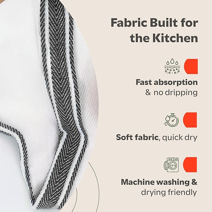 Zeppoli Classic Kitchen Towels - 15 Pack 100% Natural Cotton Towel Set, Reusable Wash Cloths, Absorbent Dish Towels, Machine Washable Hand Towels, Kitchen Essentials, 14” x 25”, Black Striped
