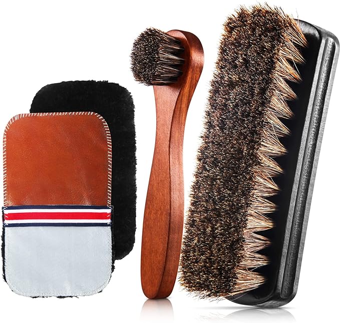 4 Pcs Horsehair Shine Shoes Brush Kit Polish Dauber Applicators Cleaning Leather Shoes Boots Care Brushes Suede Cleaner Brush with Microfiber Shoe Gloves(4 Pcs Style D)
