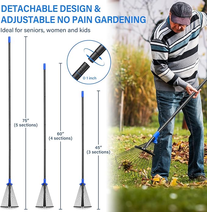 Rake for Leaves - Metal Leaf Rake for Lawn & Garden, Expandable Head 9"-17", 75" Adjustable Handle for Kids & Adults - Effortless Gardening, Portable Camping Rakes with Tool-Free Assembly