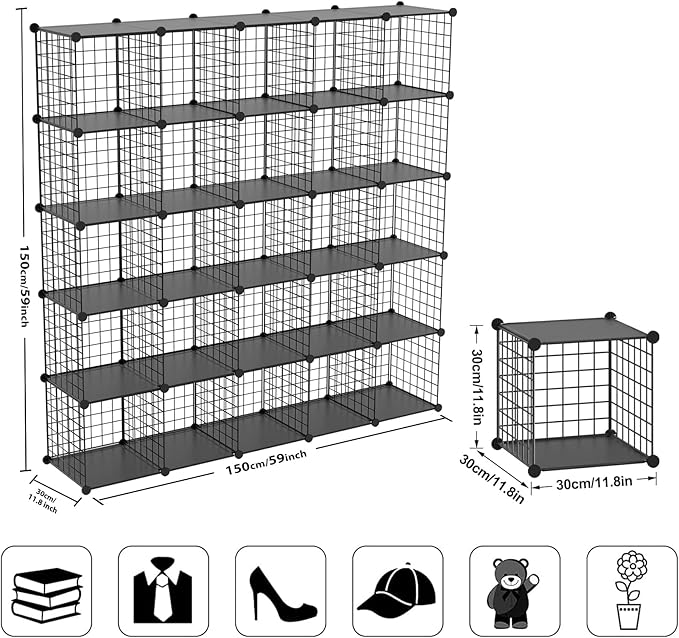 TUMUCUTE Wire Cube Storage Organizer, 25-Cube Metal Storage Shelves Bookshelf, Stackable Modular Closet Organizer for Bedroom Living Room, Office,Storage Shelves