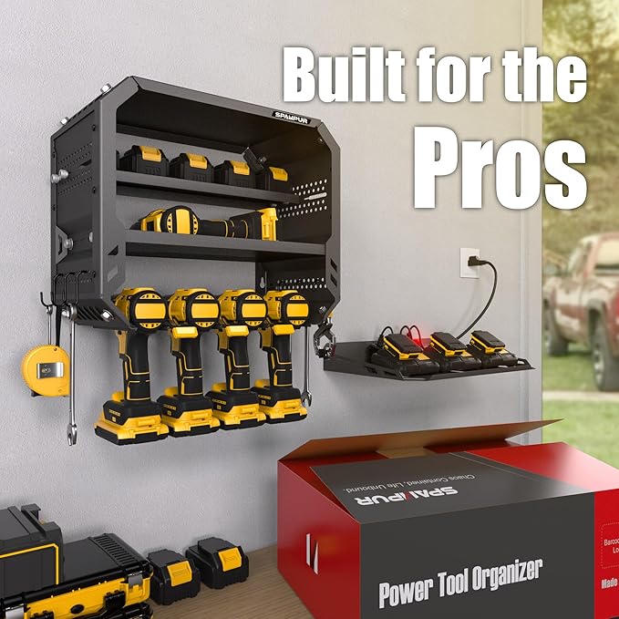 Power Tool Organizer Wall Mount with 4 Power Outlets & Charging Station &420lbs Capacity, Tool Battery storage, Metal Heavy Duty Wall Mounted Drill Holder for Garage Workshop, Men Gifts