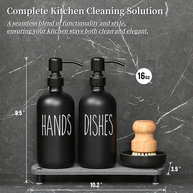 MOMEEMO Matte Black Soap Dispenser Set Comes with Stainless Steel Pumps, Instant Dry Tray, and Dish Scrub Brush, Suitable for Matte Black Kitchen Accessories. (Black)