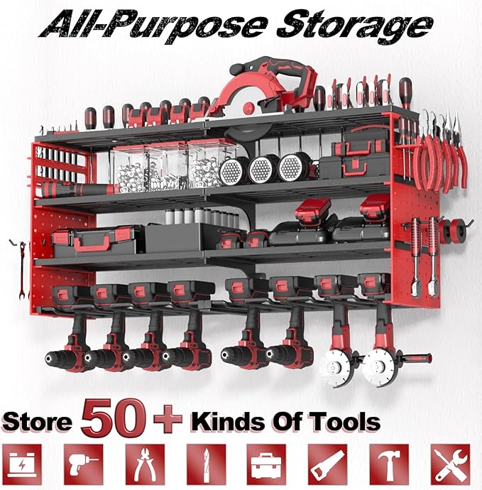 Power Tool Organizer Wall Mount, 4 Layer Heavy Duty Metal Tool Storage Rack, Power Tool Shelf Battery Storage with 8 Cordless Drill Holder，Utility Racks for Garage Workshop
