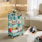 Green 3 Tier Rolling Cart Metal with Lockable Wheels, Three Tiered Craft Cart Organizer on Wheels, Utility Storage Carts for Art, Baby Supplies, Diaper Caddy, Snack, Pantry, Nail, Lash, Cleaning