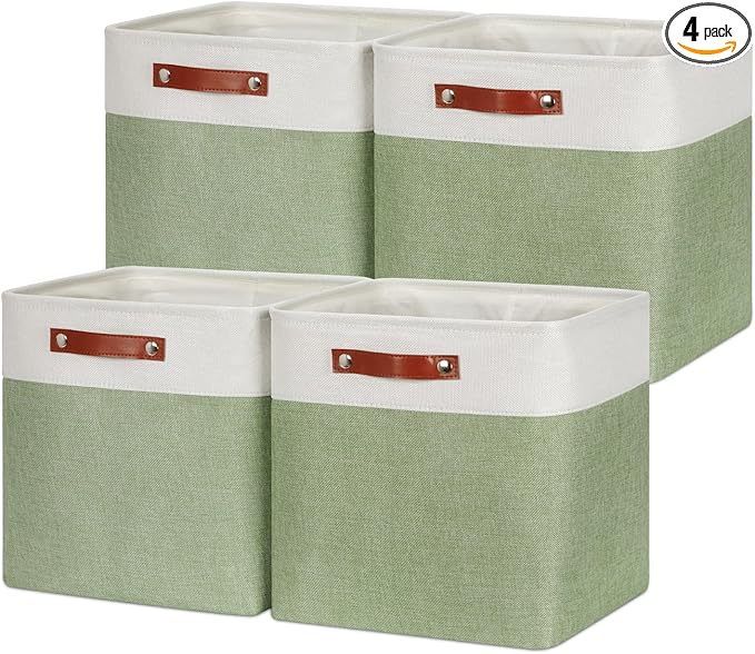 HNZIGE Collapsible Fabric Storage Cubes 13x13x13 Set of 4 Decorative Storage Basket Bin with Handles Storage Cube Basket for Organizing Clothes, Toys, Closet, Nursery(Green White)