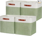 HNZIGE Collapsible Fabric Storage Cubes 13x13x13 Set of 4 Decorative Storage Basket Bin with Handles Storage Cube Basket for Organizing Clothes, Toys, Closet, Nursery(Green White)