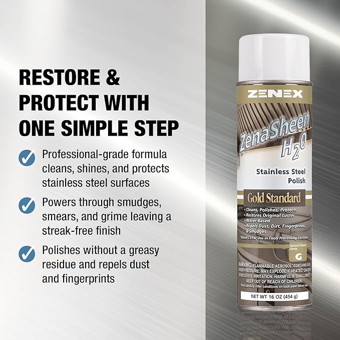 Zenex ZenaSheen H20 Stainless Steel Polish - Professional-grade Water-based Metal Cleaner, Polish & Protectant | Remove Grime & Restore Shine | Stainless Steel, Chrome, Brass & More | 16 oz (12 Pack)