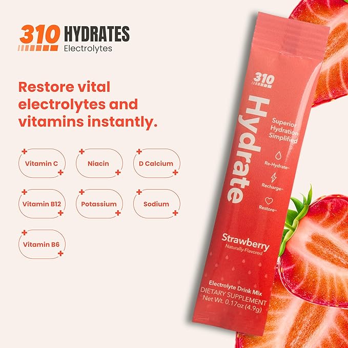 310 Nutrition Sugar Free Electrolytes Powder - Instant Hydration Packets for Daily Fluid Balance - Caffeine-Free Rehydration Drink Mix w/Vitamins, Low Calorie & Keto Friendly - Strawberry 30 Singles