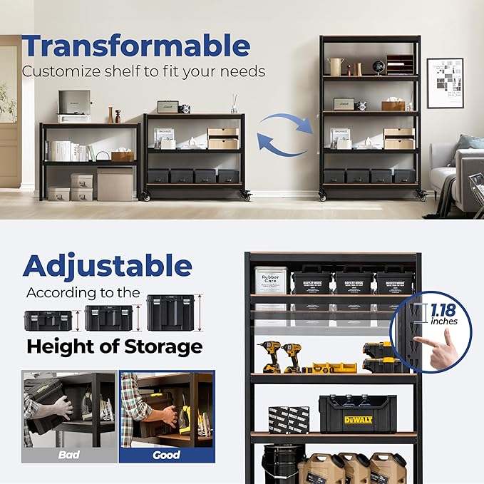 HOMEDANT House 5-Tier Metal Boltless Rolling Cart Shelf Rack Casters Heavy Duty Wheel Shelving Unit Adjustable Utility Storage Shelves Organizer Shelf Kitchen Garage 48.1" W x 18.5" D x 75.4" H 3Pack