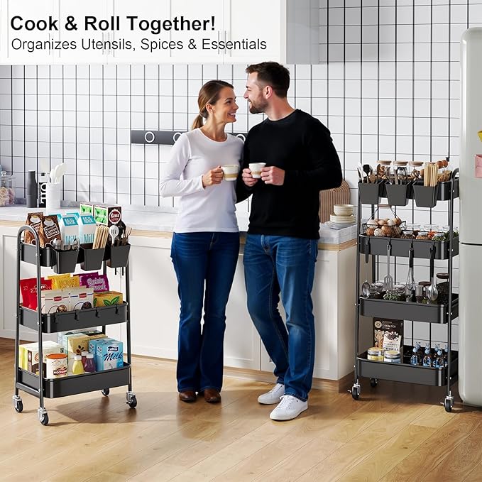 4 Tier Black Metal Rolling Cart with Lockable Wheels and Cups, Four Tiered Utility Storage Organizer on Wheels for Bathroom, Kitchen, Laundry, Garage, Office, Craft, Art, Baby Diaper, Snacks, Books