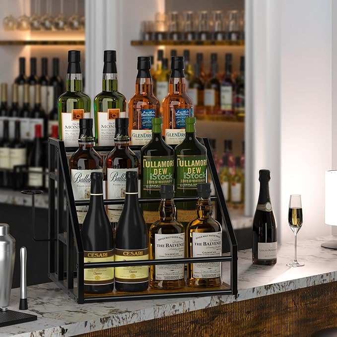 Coffee Syrup Rack Organizer, Spice Racks, Syrup Bottle Holder Stand for Coffee Bar, 3-Tier 12 Bottles Storage Shelves for Syrup, Wine, Dressing for Kitchen Countertop, Rustic Brown & Black