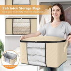 Fab totes 8 Pack Clothes Storage, Foldable Thick Fabric Blanket Storage Bags, Containers for Organizing Bedroom, Closet, Clothing, Comforter, Organization with Handle,Beige