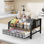 Homsorout Coffee Bar Organizer - Coffee Station for Countertop, Metal and Wood K Cup holder Storage Basket with Drawer for Syrup, Cups, Stirrer, Condiment, Tea Organizer, Brown