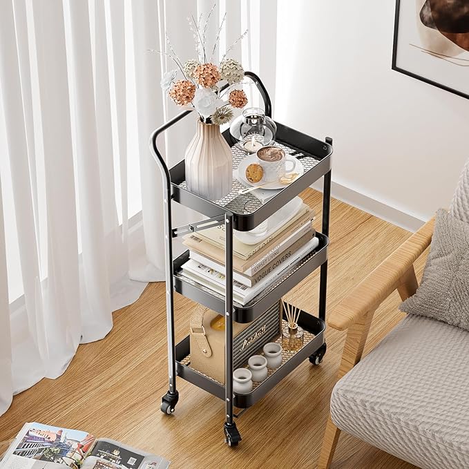 JAQ Foldable Rolling Cart, 3-Tier Metal Folding Storage Utility Carts Basket Rack with Removable Handle on Wheels for Snacks Books Fruits for Kitchen Dorm Pantry Bathroom - (Black, 3-Layer)