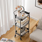 JAQ Foldable Rolling Cart, 3-Tier Metal Folding Storage Utility Carts Basket Rack with Removable Handle on Wheels for Snacks Books Fruits for Kitchen Dorm Pantry Bathroom - (Black, 3-Layer)