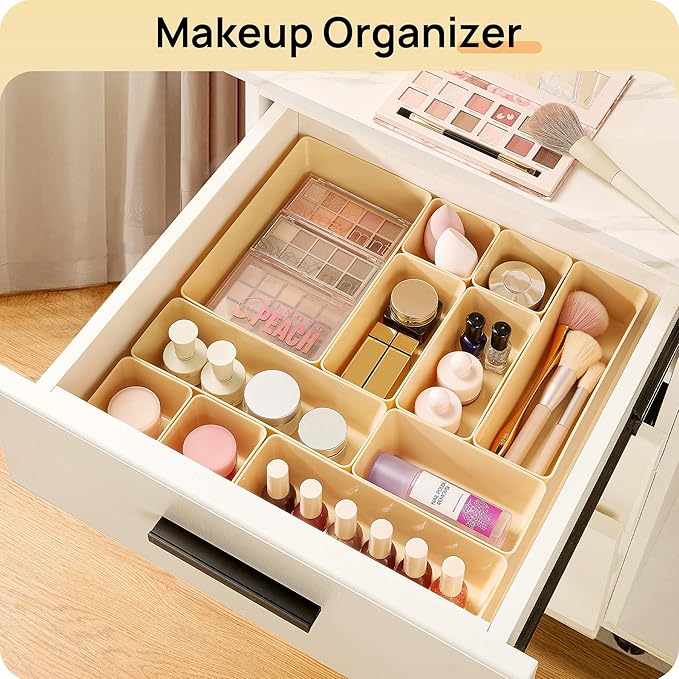 Vtopmart 25 PCS Plastic Drawer Organizers Set, 4-Size Versatile Bathroom and Vanity Drawer Organizer Trays, Storage Bins for Makeup, Bedroom, Kitchen Gadgets Utensils and Office