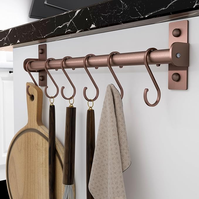 Dseap Kitchen Utensil Holder Hanger, Pot and Pan Rack Wall Mounted, Kitchen Rail with 8 Hooks for Hanging Cooking Utensils, Mugs, Spoons, Wall Mounted, Antique Copper New