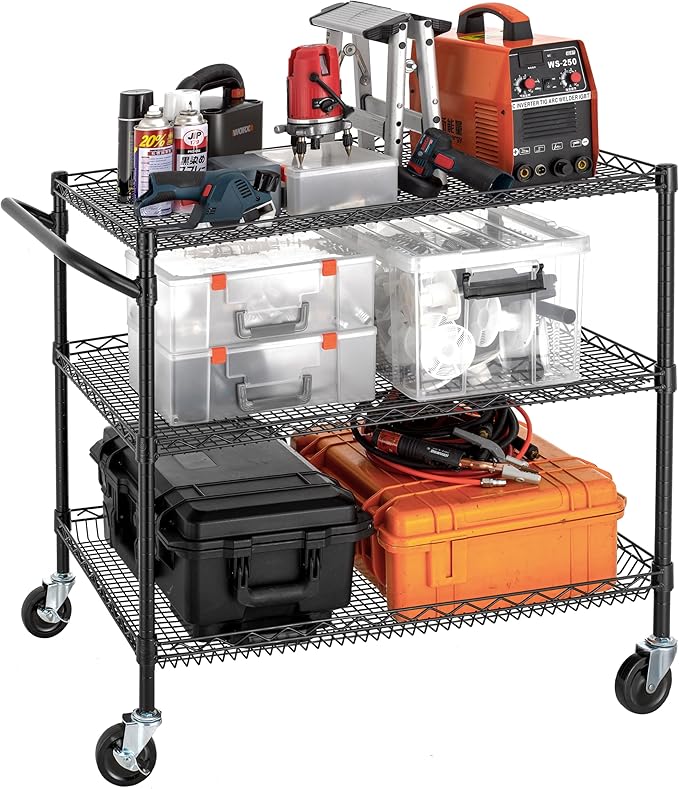 Finnhomy 3 Tier Heavy Duty Commercial Grade Utility Cart, Wire Rolling Cart with Handle Bar, Steel Service Cart with Wheels, Kitchen Carts on Wheels, Metal Cart Shelf Size 24" D x 36" W, NSF, Black