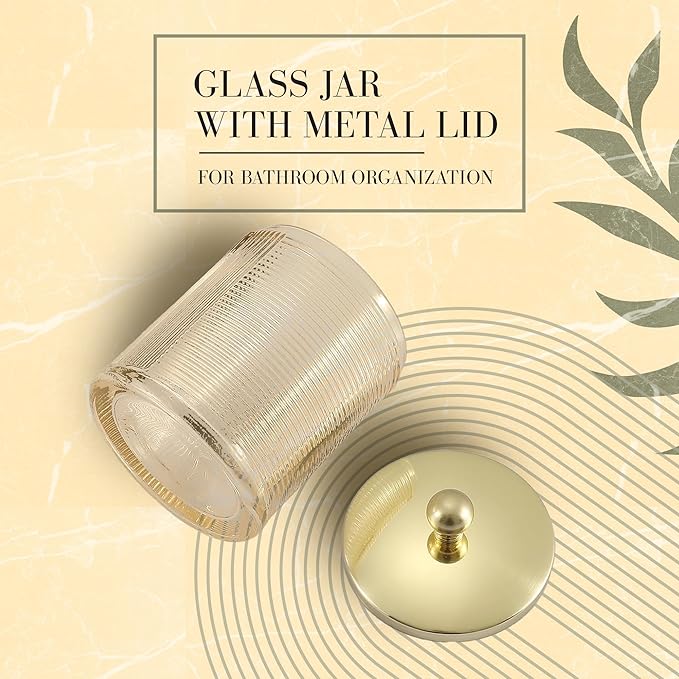 Tan Colored Tranlucent Apothecary Ribbed Geometric Etched Glass Jar W/Gold Metal Lid Cover for Bathroom Organization, Cotton Balls, Q Tips, and Small Accessories, Bathroom Storage
