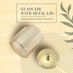 Tan Colored Tranlucent Apothecary Ribbed Geometric Etched Glass Jar W/Gold Metal Lid Cover for Bathroom Organization, Cotton Balls, Q Tips, and Small Accessories, Bathroom Storage