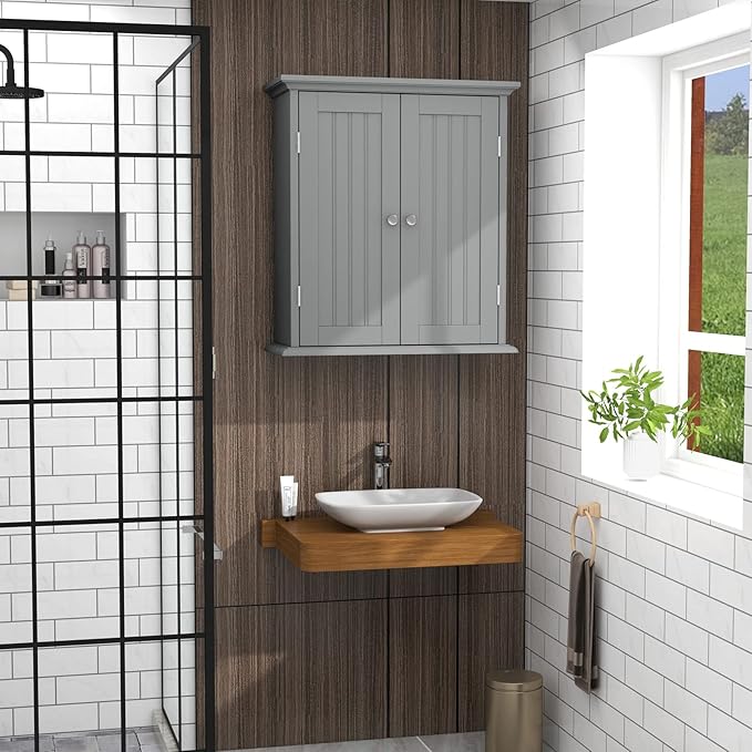 ChooChoo Bathroom Wall Cabinet, Over The Toilet Space Saver Storage Cabinet, Medicine Cabinet with 2 Door and Adjustable Shelves, Cupboard, Navy Blue