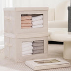 Citylife 3-Pack Storage Bins with Lids, Fabric Foldable Storage Bins with Soft Cord Handles, Canvas Storage Bin with Lid for Organizing Clothes, Blankets and Books, Beige