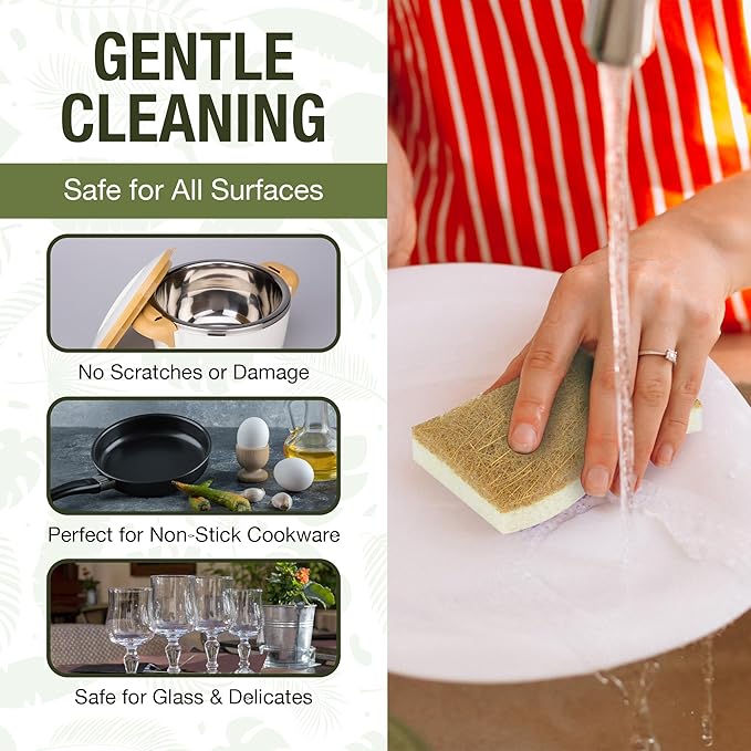 BEAUFITAL 20 Count Non-Scratch Natural Kitchen Sponge, Biodegradable Compostable Cellulose Coconut Scrubber, Eco Friendly Sponges for Dishes, Non-Stick Cookware, Bathroom, Heavy-Duty Cleaning