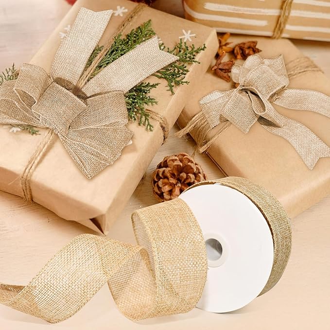 Wired Edge Decorative Ribbon DIY Craft Ribbon for Holiday Garlands Gift Wrapping and Home Decor (Natural Khaki Color, 1.5 inches)