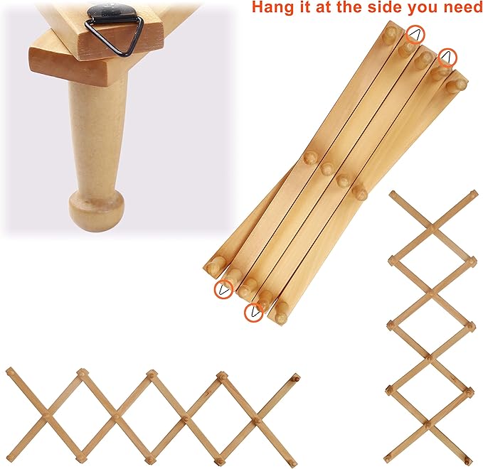 Dseap Accordian Wall Hanger: 16” High Wooden Wall Expandable Coat Rack, Hat Rack Holder, Accordion Hook for Baseball Caps, Coats, Mugs, 14 Peg Hooks, Natural